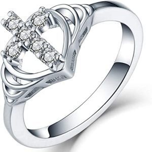 JO WISDOM 925 Sterling Silver Cubic Zirconia Heart Cross Ring